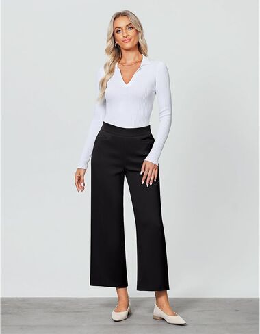 GRAPENT Cropped Pants for Women Trendy Business Casual High Waisted Pull On Wide Leg Stretchy Dress Pants with Pockets in Saudi Arabia