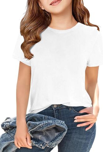 ZDC Girls' Short Sleeve Shirts Kids Crewneck T-Shirts Summer Tops Basic Tees 5-14 Years in Kuwait