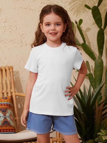 ZDC Girls' Short Sleeve Shirts Kids Crewneck T-Shirts Summer Tops Basic Tees 5-14 Years in Kuwait