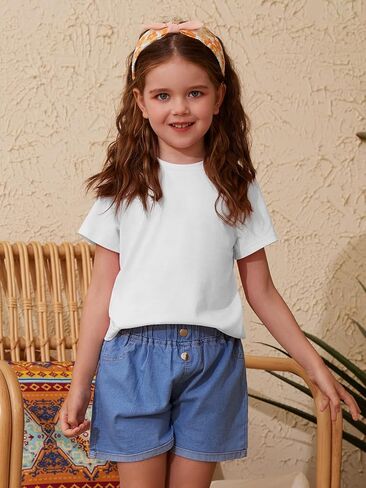ZDC Girls' Short Sleeve Shirts Kids Crewneck T-Shirts Summer Tops Basic Tees 5-14 Years in Kuwait