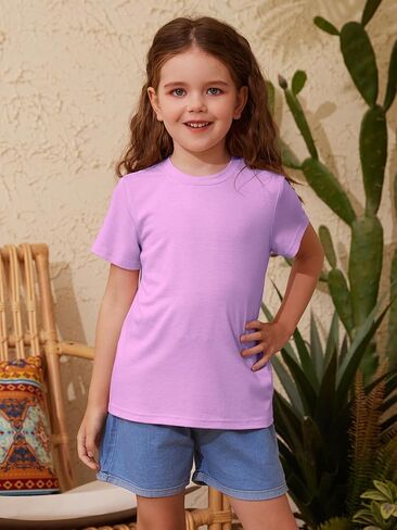 ZDC Girls' Short Sleeve Shirts Kids Crewneck T-Shirts Summer Tops Basic Tees 5-14 Years in Kuwait