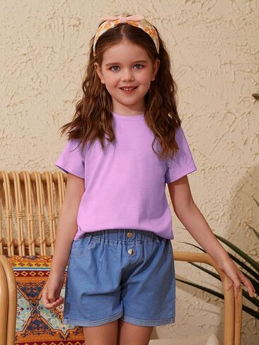 ZDC Girls' Short Sleeve Shirts Kids Crewneck T-Shirts Summer Tops Basic Tees 5-14 Years in Kuwait