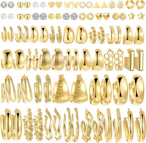 45 Pairs Gold Hoop Earrings Set for Women Multipack, Hypoallergenic Chunky Twisted Earring Pack, Gold Small Big Hoops Earrings for Every Occasion in Saudi Arabia