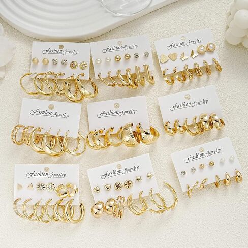 45 Pairs Gold Hoop Earrings Set for Women Multipack, Hypoallergenic Chunky Twisted Earring Pack, Gold Small Big Hoops Earrings for Every Occasion in Saudi Arabia
