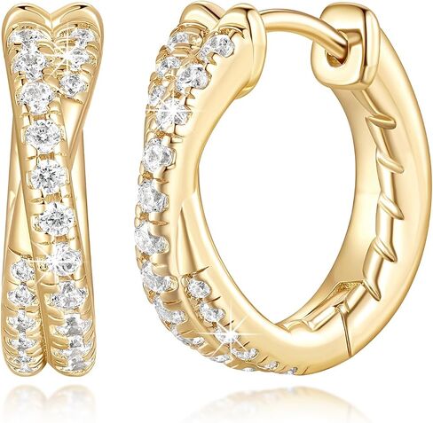 Gold Hoop Earrings 14K Gold Hoop Earrings for Women Small Gold Huggie Hoop Earrings for Women X-Shaped Cubic Zirconia Elegant 14K Gold Earrings for Women in Saudi Arabia
