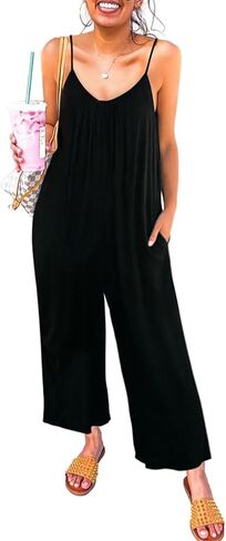 Happy Sailed Womens Casual Jumpsuits Loose Overalls Summer Sleeveless Stretchy Wide Leg Long Pants Romper with Pockets in Kuwait