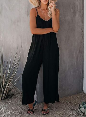 Happy Sailed Womens Casual Jumpsuits Loose Overalls Summer Sleeveless Stretchy Wide Leg Long Pants Romper with Pockets in Kuwait