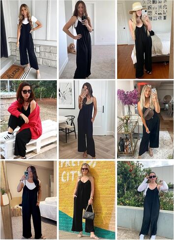 Happy Sailed Womens Casual Jumpsuits Loose Overalls Summer Sleeveless Stretchy Wide Leg Long Pants Romper with Pockets in Kuwait