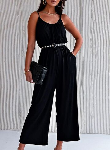 Happy Sailed Womens Casual Jumpsuits Loose Overalls Summer Sleeveless Stretchy Wide Leg Long Pants Romper with Pockets in Kuwait