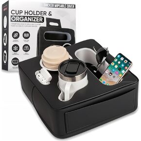 Premium Handmade Couch Cup Holder Tray - Car Cup Holder 5 in 1 Console Caddy for Couch, Bed, Sofa, RV & Car, Holder for Snacks, Remotes, Phones & Tablet - Cup Holder for Car Back Seat