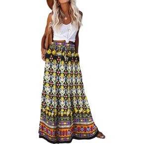 Bsubseach Women Boho Floral Maxi Skirt Elastic High Waist Flowy Ruffle Long Skirts Casual A Line Skirts with Pockets