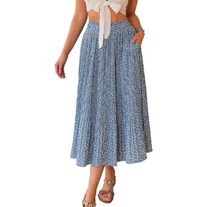 Zeagoo Women's Midi Skirts High Waisted Pleated A-Line Swing Skirts Summer Floral Long Skirts with Pockets