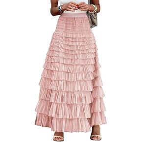 PEHMEA Women's Tulle Midi Skirt Elastic High Waist A-Line Ruffle Tiered Layered Mesh Puffy Long Maxi Skirt