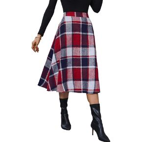 Plaid Skirts for Women High Waist Wool Skirts A-Line Tartan Midi Skirts
