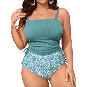 SOLY HUX Women's Plus Size Swimsuit Floral Print Drawstring Side Bikini Tankini Two Piece Bathing Suit