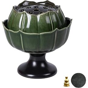 Ceramic Incense Holder with Lid,Lotus Incense Cone Holder for Coil Incense and Powder Incense,Mediation Gift,Home Decor (Deep Green)