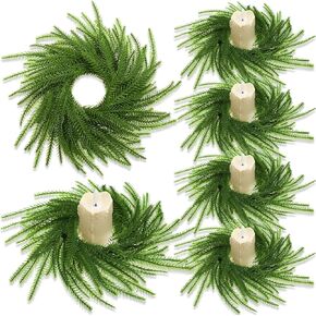 4 Pcs Christmas Norfolk Pine Wreath Candle Rings Wreath 9.8 Inch Artificial Pillars Wedding Candle Wreaths Green Garland Ornament for Xmas Holiday Wedding Farmhouse Table Centerpiece