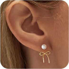 ASCOMY Gold Stud Earrings for Women Dainty Bow Earrings 14K Gold/Silver Plated Bow Stud Earrings for Women Trendy Cute Pearl Bow Stud Earring Gold Ribbon Earrings Minimalist Jewelry Gifts for Her