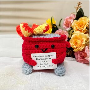 Handmade Crochet Emotional Support Dumpster Fire,Emotional Support Gift, Burning Trash Can, Eco Friendly Gift, Desk Décor,Fun Home Décor, Gift For Friends (Red)