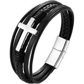 Cross Leather Bracelet for Men, Multi-Layer Braided Mens Religious Cuff Bracelets with Stainless Steel Clasp Anniversary Father's Day Birthday Christmas Jewelry Gifts for Him