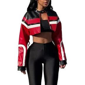 VOIKERDR Leather Jacket Cropped Jacket Motorcycle Jacket Y2K Letter Bomber Jacket Women Faux Leather Jacket Streetwear