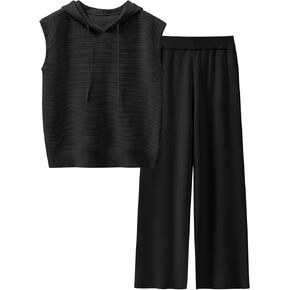 Caracilia Women 2 Piece Outfits Summer Sleeveless Tops Knit Pants Sweater Lounge Matching Sets
