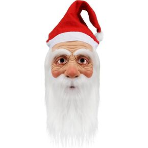 Santa Claus Mask Realistic Human Face Old Man Mask with Santa Beard Hat Christmas Costume Cosplay Props for Adults