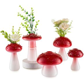 Mushroom Vase Small for Flowers Lovers: Glasseam Cute Red Glass Bud Vases for Home Decor - 5Pcs Unique Plant Propagation Station Jar for Living Room Windowsill Decoration