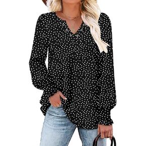 onlypuff V Neck Tops for Women Long Sleeve Shirts Loose Fit Tunic Top Cute Ladies Blouse Fall Fashion Tops
