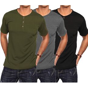 COOFANDY Men's 3 Pack Henley Shirts Short Sleeve Casual Basic Tees Classic Henley Summer Solid T Shirts with Pocket