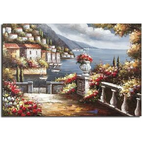 Paimuni 100% Hand Painted Canvas Wall Art Italy Town Mediterranean Tuscany Sea Coast Flowers Oil Painting Stretched and Framed Ready to Hang Landscape Scenery Wall Decor 36x24inch