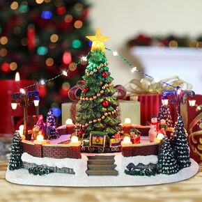 Vipush Christmas Village House Decorations Resin Little Train Square with Christmas Tree Christmas Home Decor Indoor Building Figurines Revolving Train with LED Light and 8 Christmas Music for Kids