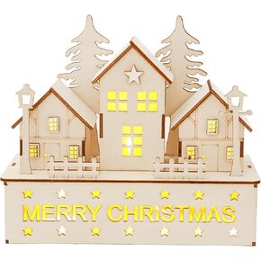 KIMOBER Christmas Led Light Wooden House,Pre-Lit Wooden Christmas Village House LED Christmas Scene Houses with Lights Luminous Wood House Tabletop Decors for Winter Xmas Holiday Party