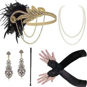 BABEYOND 1920s Flapper Accessories Gatsby Costume Accessories Set 20s Flapper Headband Pearl Necklace Gloves Plastic Holder