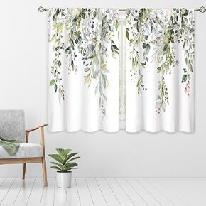 Eucalyptus Botanical Leaves Floral Kitchen Window Curtains Over Sink Boho Farmhouse Flower Leaf Small Window Treatment Sage Green Cafe Short Curtains for Bathroom Tier Drapes 27.5x39 inch
