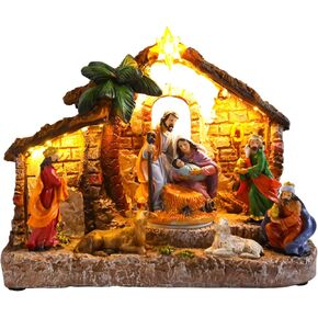 MUMTOP Christmas Village Nativity Scene with Rotating Baby Jesus, Light Up Holy Family Manger Figurine for Indoor Holiday Christian Tabletop Decor