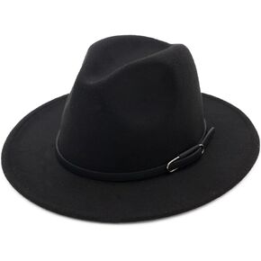Unisex Retro Belt Buckle Manhattan Fedora Hat Black Felt Wide Brim Panama Hat with Drawstring