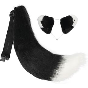 Faux Fur Fox Ears and Tail Set Furry Wolf Ears Headband Animal Big Tail Halloween Party Cosplay Costume Accessories