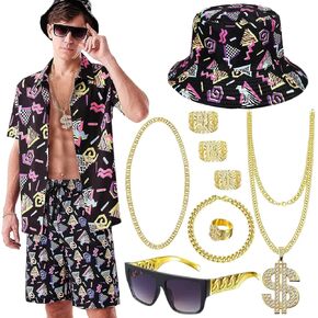 WILDPARTY 80s 90s Outfit for Men, Hip Hop Costume Button Up Blouse Tops Disco Retro Theme Party Outfit Hawaiian Vintage