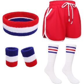Fumwase 6Pcs 80s Workout Costume Outfit Set Running Shorts Sweatband Wristbands Striped-Tube Socks for Men Halloween Cosplay