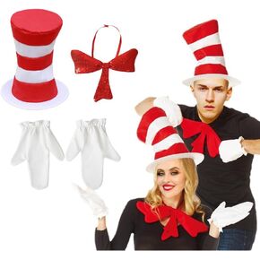 Dr. Seuss Cat in the Hat Red White Striped Cat Hats Costume Set Top Hat with Gloves Bowknot Halloween Party Dress up Adults