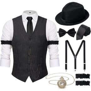YESSA 1920s Mens Costume,Roaring 20s Costumes for Men,Gatsby Costume Men,1920s Mens Outfit Hat Vest Pocket Watch Suspenders Tie
