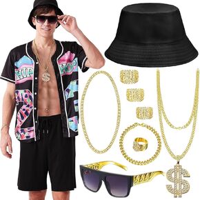 WILDPARTY 80s 90s Outfit for Men, Hip Hop Costume Baseball Jersey Shirt Shorts Rapper Accessories 1990s Party Costume