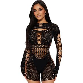 Women's Sexy Long Sleeve See Through Hollow Out Sheer Ultra Stretchy Mesh Bodysuit in Saudi Arabia
