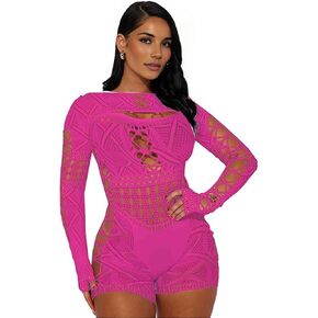 Women's Sexy Long Sleeve See Through Hollow Out Sheer Ultra Stretchy Mesh Bodysuit