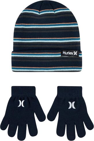 Hurley Boy's Striped Beanie and Gloves 2 Piece Set (Obsidian(9A7115-695)/Orange, 8-20) in Saudi Arabia