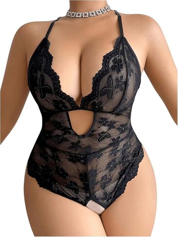 Women's Plus Size Lace Floral Crotchless Lingerie Cut Out Sheer Bowknot Halter Teddy Bodysuit Sleepwear in Saudi Arabia
