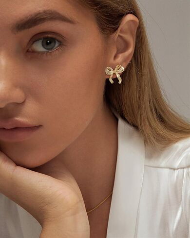 ASCOMY Gold Stud Earrings for Women Dainty Bow Earrings 14K Gold/Silver Plated Bow Stud Earrings for Women Trendy Cute Pearl Bow Stud Earring Gold Ribbon Earrings Minimalist Jewelry Gifts for Her in Kuwait