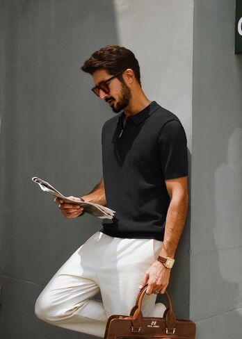 PJ PAUL JONES Men's Zipper Polo Shirt Textured Casual Knit Short Sleeve Polo T Shirt in Saudi Arabia
