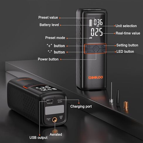 ضاغط هواء محمول منفاخ الإطارات GOOLOO GT160، مضخة هواء محمولة أسرع 3X 160 رطل لكل بوصة مربعة لإطارات السيارات، مضخة إطارات لاسلكية مع مقياس ضغط رقمي للسيارات والدراجات والكرات والدراجات النارية والإيقاف التلقائي in Kuwait